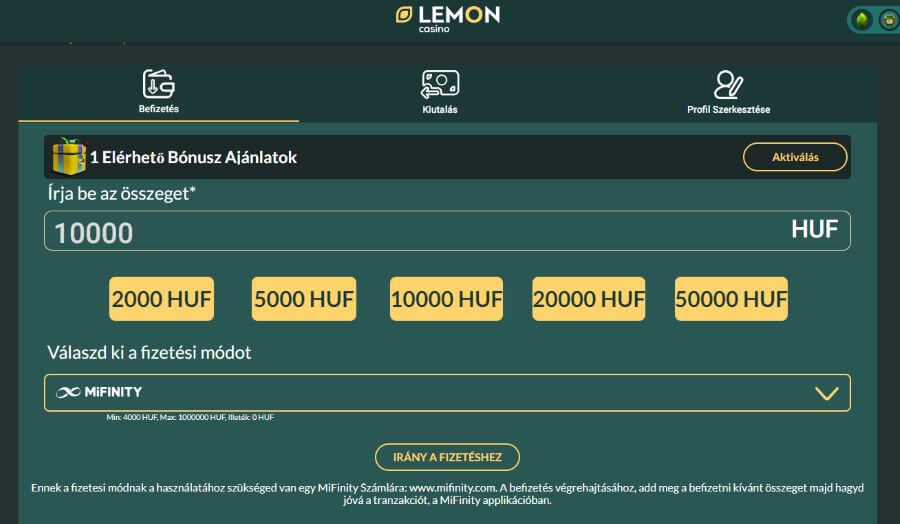 Lemon Casino Mifinity kaszinó befizetés lépései